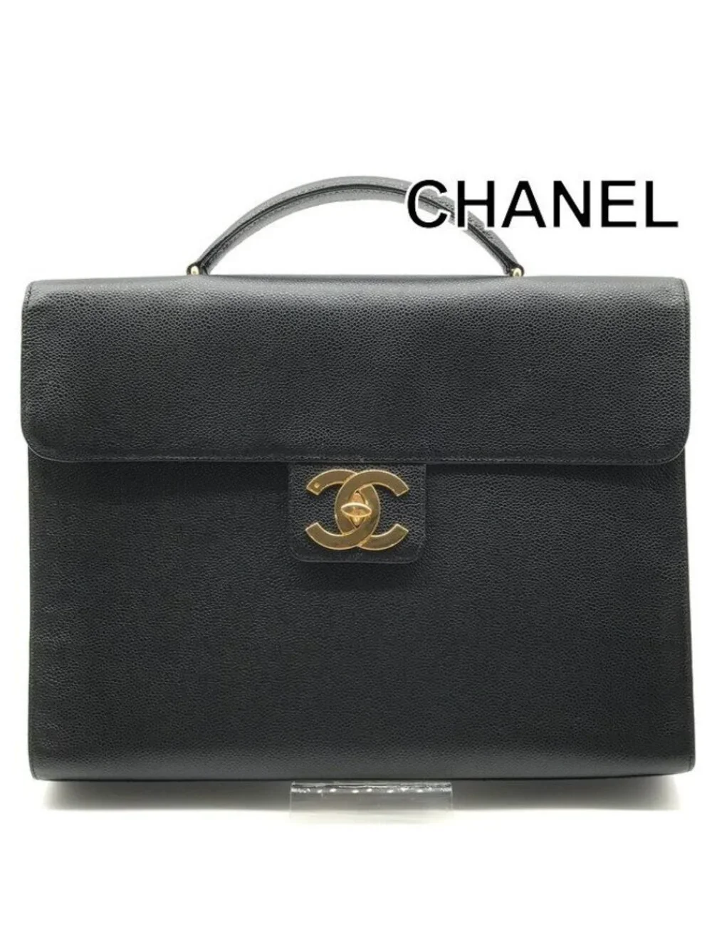 Chanel CC Logo Turnlock Caviar Leather Business Hand Bag Black
